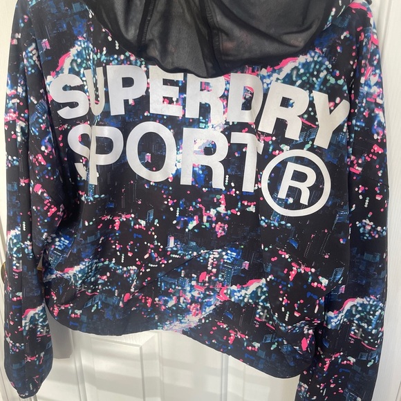 SuperDry Sport Size 8 Full Zip Print Windbreaker Running Jacket Black Neon - Picture 3 of 7
